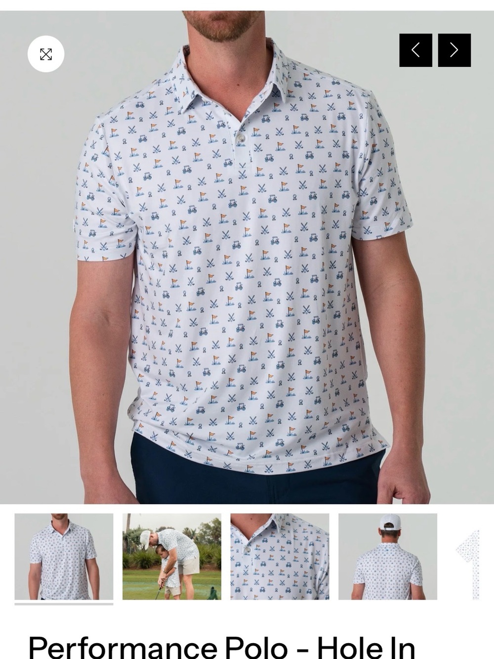 BURLEBO White Polo with Blue & Tan Golf Motif